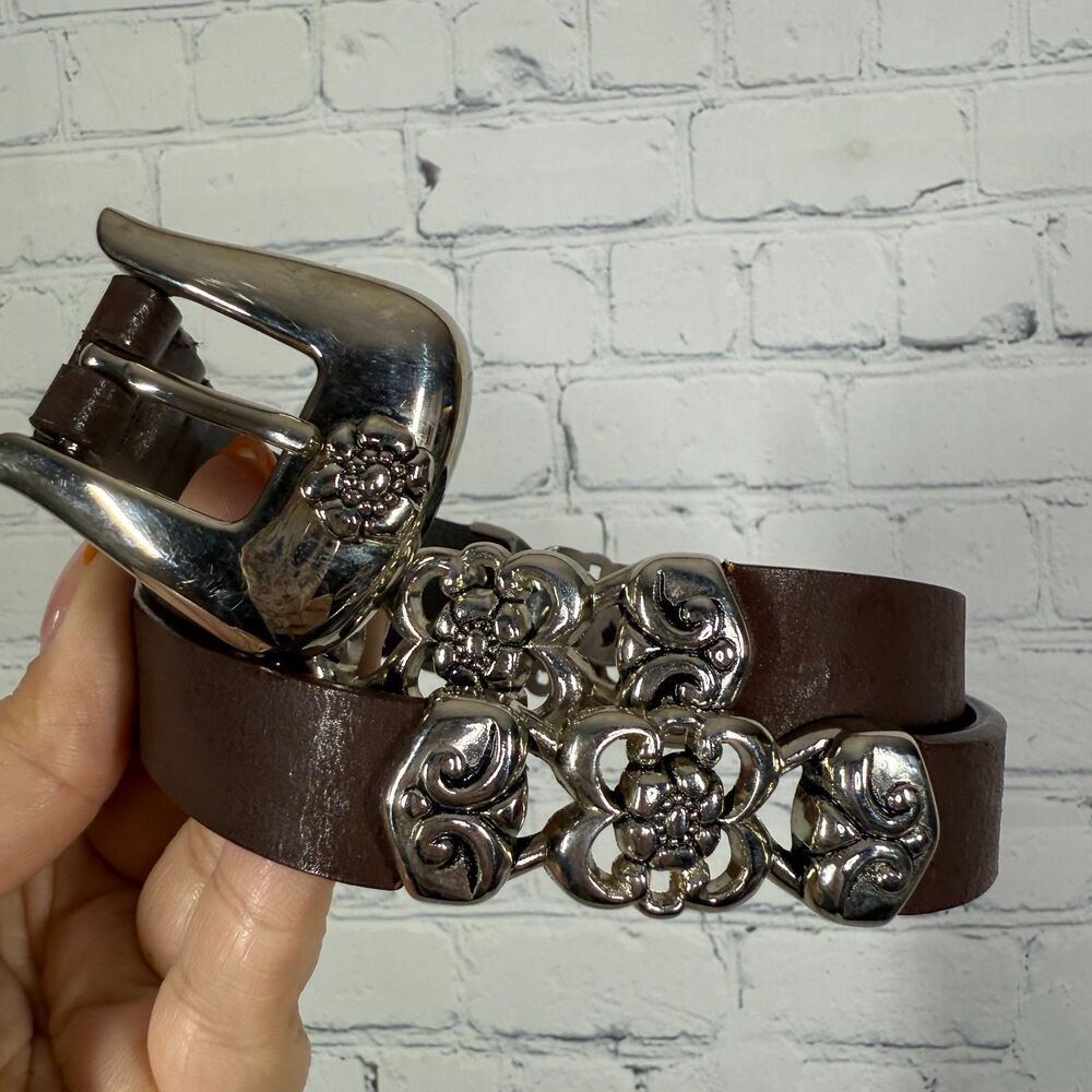 Western Geuine Leather Belt Large Set Black Brown Silver Brass Buckle Western